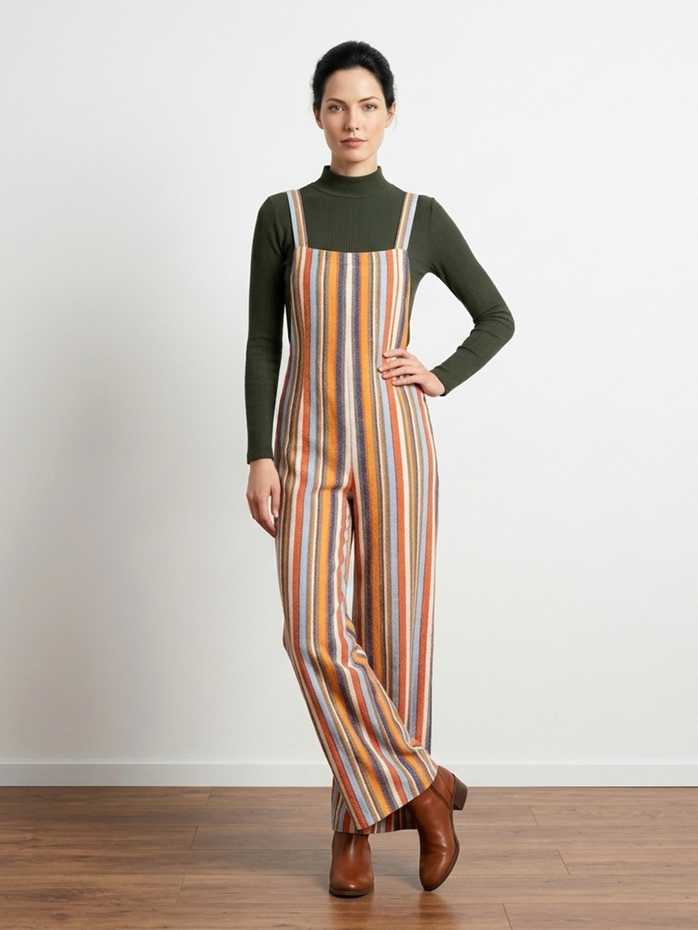 Outfit! Striped Knit Wide-Leg Jumpsuit & Forest Green Long-sleeve Size M *flawed
